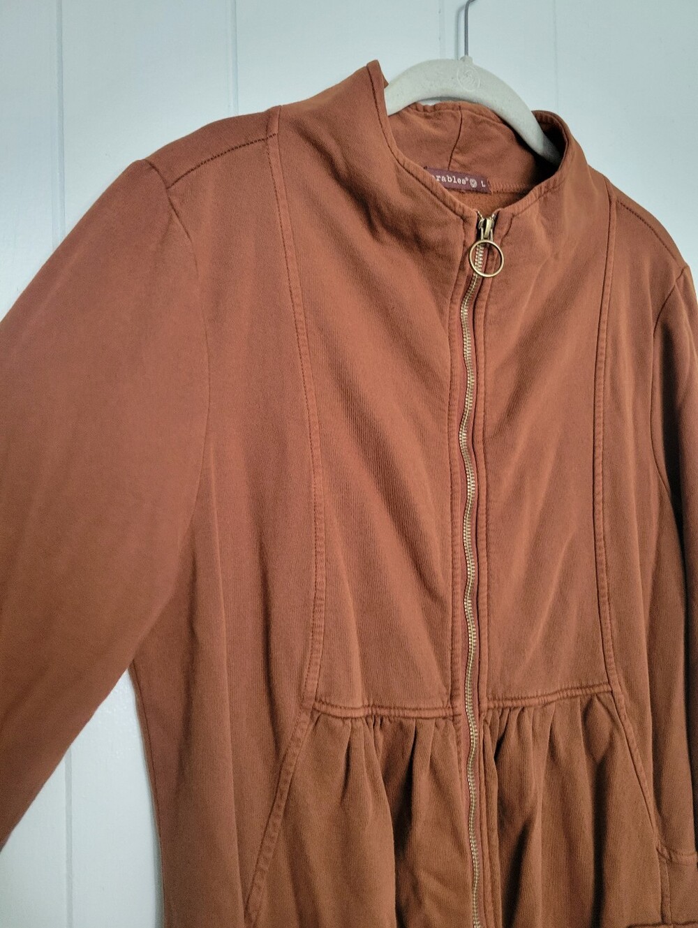 NWT Wearables XCVI Fleece Funnel Neck Longcoat Zip Front Brown Cinch Hem LG - Picture 5 of 16